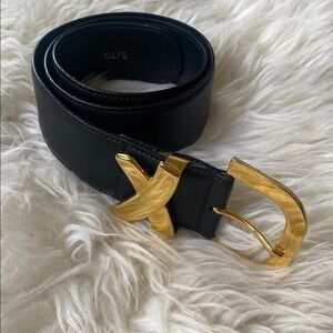 Black Leather Belt with Gold Buckle